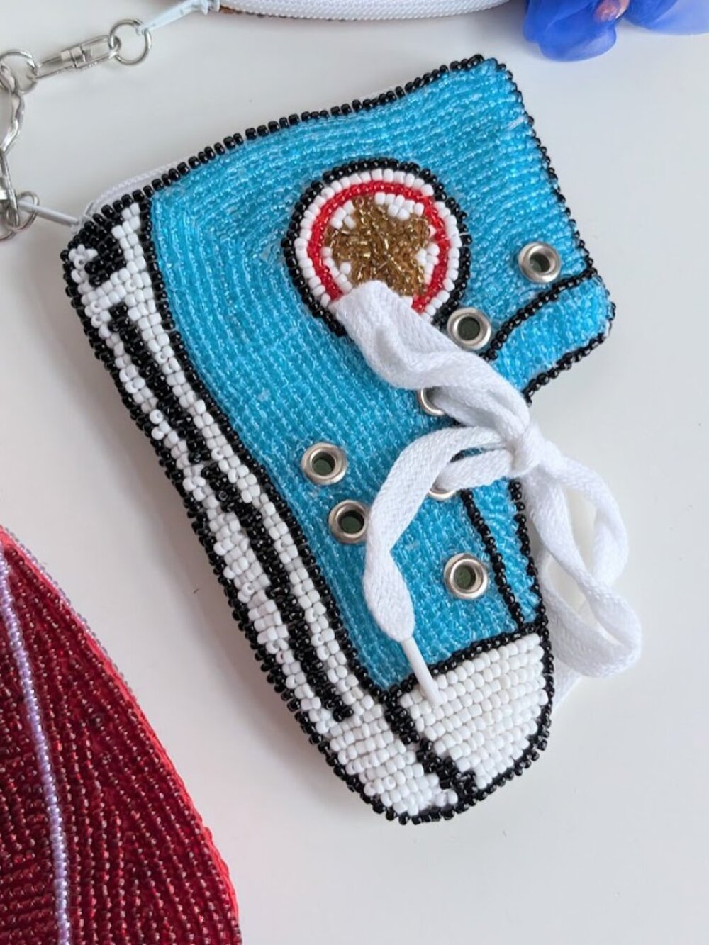 Vtg Beaded Blue Converse Sneaker Shoe Coin Purse Wallet with Lace